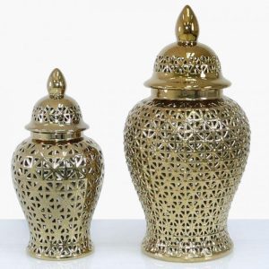 Gold Ginger Jar - Ceramic Filigree Design - Shaped Lidded Jar - SMALL