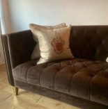 2 Seater Sofa - Deep Buttoned Chocolate Velvet - Polish Brass Finish Feet