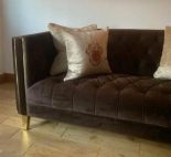 3 Seater Sofa - Deep Buttoned Chocolate Velvet - Polish Brass Finish Feet