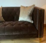 2 Seater Sofa – Deep Buttoned Chocolate Velvet – Polish Brass Finish Feet