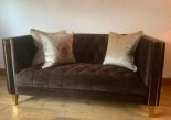 2 Seater Sofa - Deep Buttoned Chocolate Velvet - Polish Brass Finish Feet