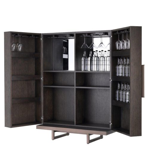 Drinks/Bar Cabinet - Mocha Straight Oak Veneer - Medium Bronze Finish - Grey Handles