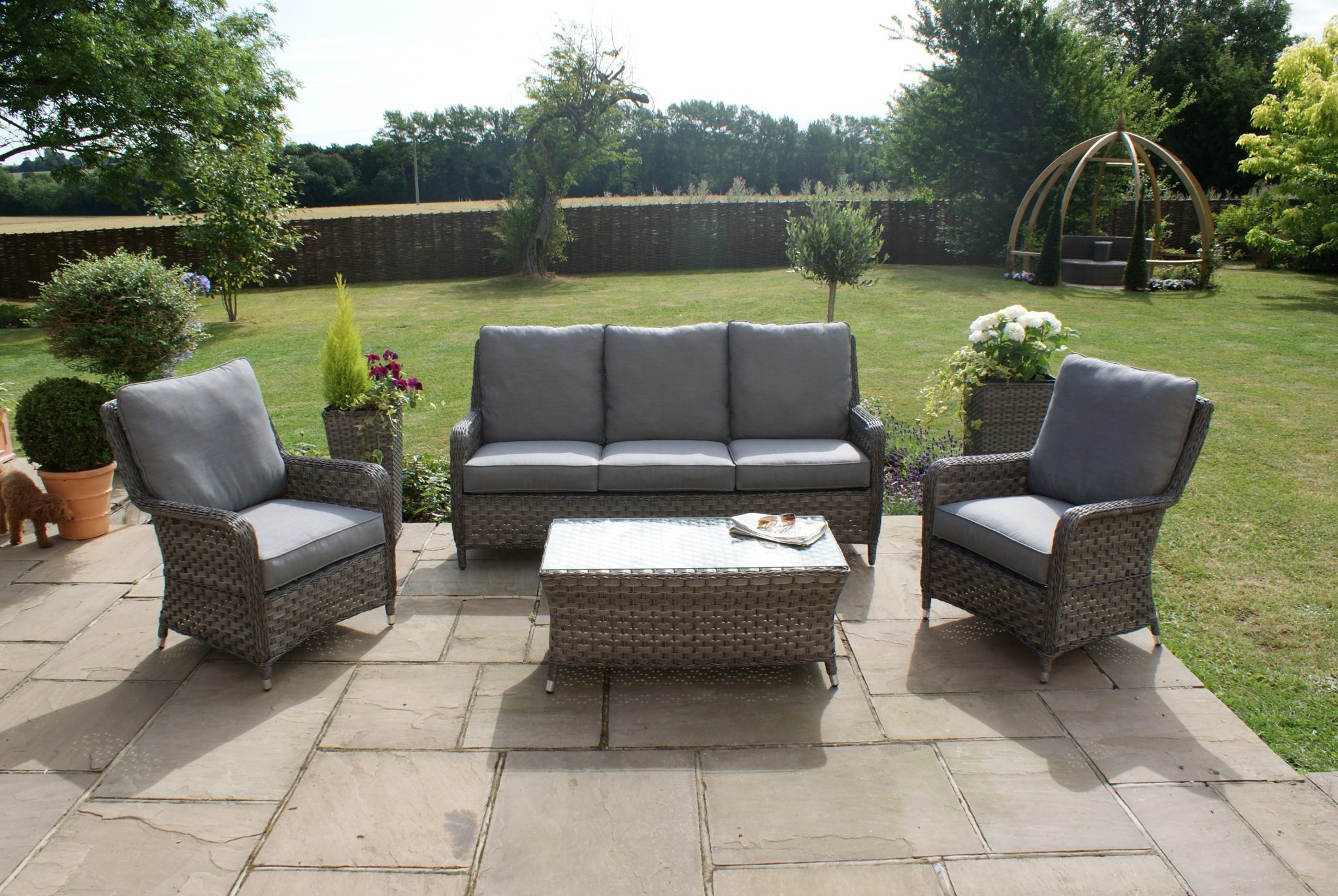 Garden Sofa Set - 4 Piece - High Back - Grey Cushions - Grey Poly Weave