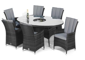 6 Seater Oval Dining Set - Ice Bucket - Parasol & Base - Grey Polyweave