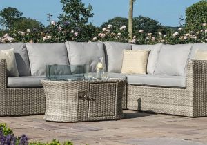Corner Sofa Set - Fire Pit Coffee Table - Grey Poly Rattan - Large