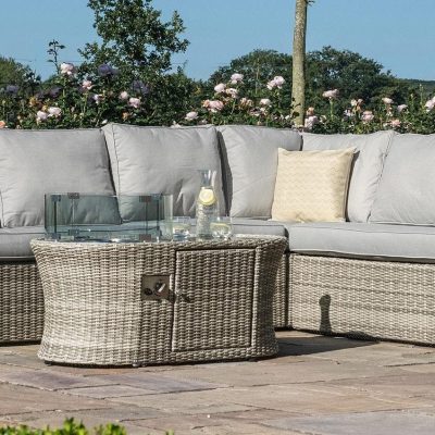 Corner Sofa Set - Fire Pit Coffee Table - Grey Poly Rattan - Large