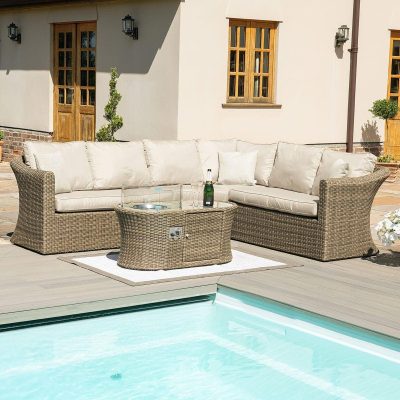Garden Corner Fire Pit Sofa Set - Fire Pit Coffee Table - Light Poly Weave