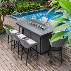 8 Seat Garden Fire Pit Bar Dining Set - All Weather Grey Fabric