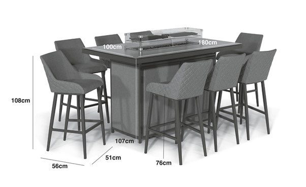 8 Seat Garden Fire Pit Bar Dining Set - All Weather Grey Fabric