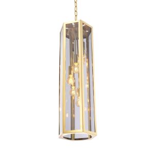 Chandelier - Brass & Smoked Glass - Hexagon Shape - 6 Lights