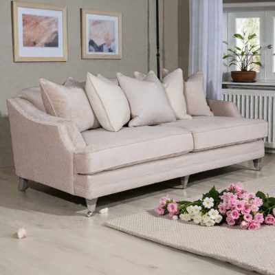 4 Seater Sofa - Soft Mink Velvet - Brass Castors - 5 Scatter Cushions