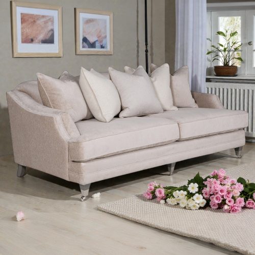 4 Seater Sofa - Soft Mink Velvet - Brass Castors - 5 Scatter Cushions