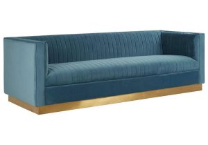3 Seater Sofa - Deep Ribbed Soft Light Blue Velvet - Brass Finished Feet Surround