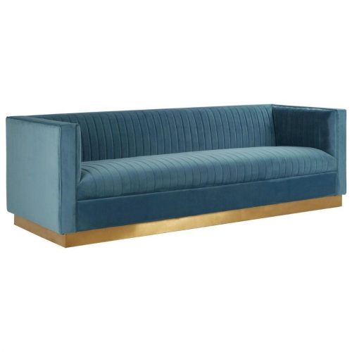 3 Seater Sofa - Deep Ribbed Soft Light Blue Velvet - Brass Finished Feet Surround