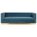 3 Seater Sofa - Deep Ribbed Soft Light Blue Velvet - Brass Finished Feet Surround