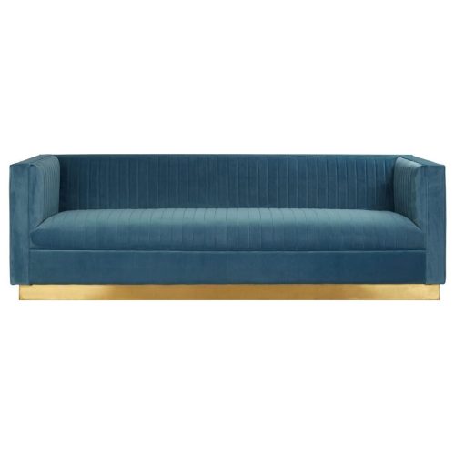 3 Seater Sofa - Deep Ribbed Soft Light Blue Velvet - Brass Finished Feet Surround