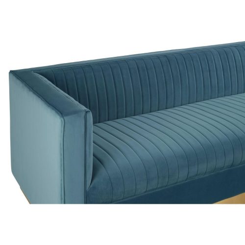 3 Seater Sofa - Deep Ribbed Soft Light Blue Velvet - Brass Finished Feet Surround