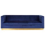 3 Seater Sofa - Deep Ribbed Soft Midnight Blue Velvet - Brass Finished Feet Surround