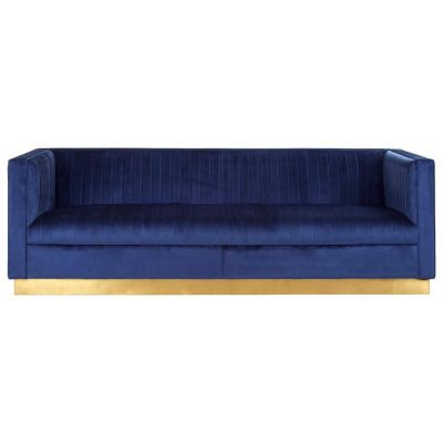 3 Seater Sofa – Deep Ribbed Soft Midnight Blue Velvet – Brass Finished Feet Surround