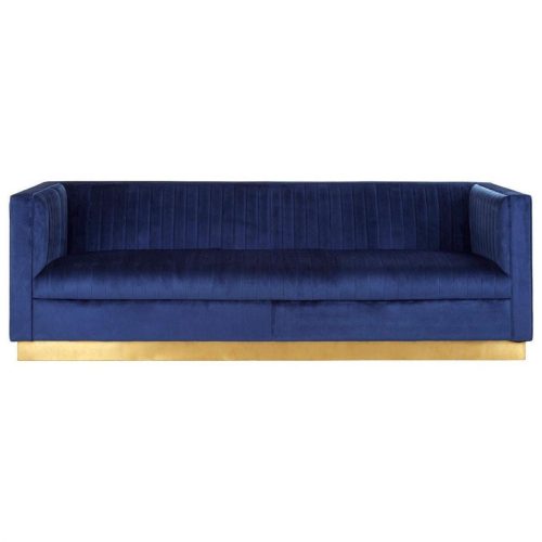 3 Seater Sofa - Deep Ribbed Soft Midnight Blue Velvet - Brass Finished Feet Surround