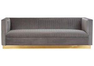 3 Seater Sofa - Deep Ribbed Soft Grey Velvet - Brass Finished Feet Surround