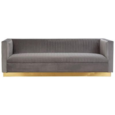 3 Seater Sofa – Deep Ribbed Soft Grey Velvet – Brass Finished Feet Surround