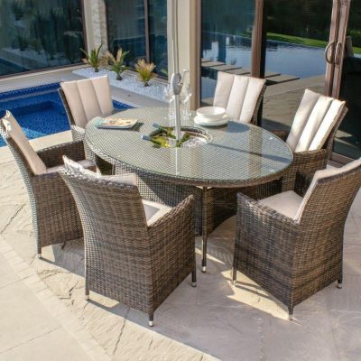 6 Seater Oval Dining Set - Ice Bucket - Parasol & Base - Brown Polyweave