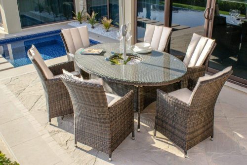 6 Seater Oval Dining Set - Ice Bucket - Parasol & Base - Brown Polyweave