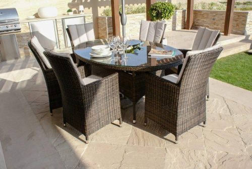 6 Seater Oval Dining Set - Ice Bucket - Parasol & Base - Brown Polyweave