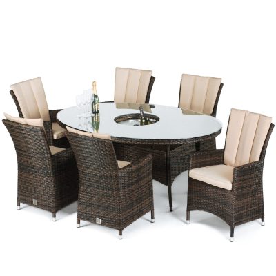6 Seater Oval Dining Set – Ice Bucket – Parasol & Base – Brown Polyweave