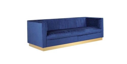 3 Seater Sofa - Deep Ribbed Soft Midnight Blue Velvet - Brass Finished Feet Surround