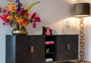 Brass & Black Ash Sideboard - 4 door - Herringbone Range
