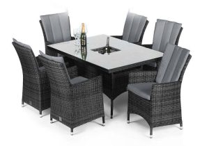 6 Seater Rectangular Dining Set - Ice Bucket - Parasol & Base - Grey Polyweave
