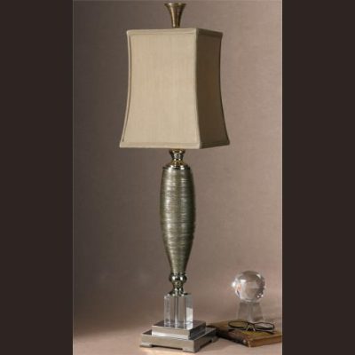 Table Lamp – Chrome & Glass Base – Bronze Silk Square Shade