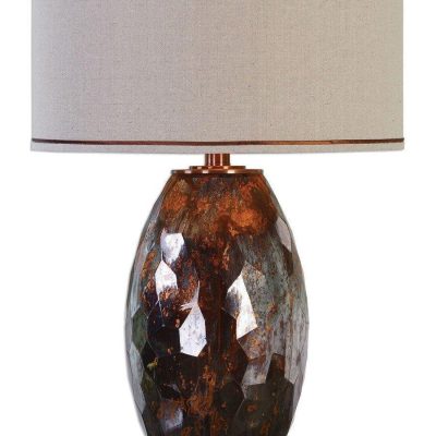 Table Lamp – Mercury Glass & Bronze Base – Oatmeal Linen Round Shade