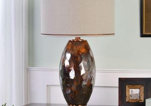 Table Lamp - Mercury Glass & Bronze Base - Oatmeal Linen Round Shade