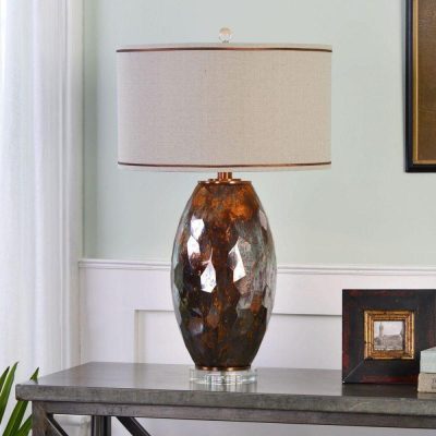 Table Lamp - Mercury Glass & Bronze Base - Oatmeal Linen Round Shade