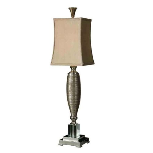 Table Lamp - Chrome & Glass Base - Bronze Silk Square Shade
