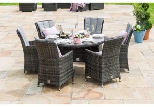 6 Seat Round Garden Dining Set - Inset Ice Bucket - Brolly & Base - Grey Polyweave