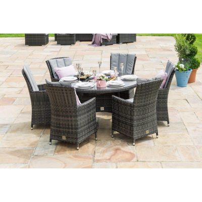 6 Seat Round Garden Dining Set - Inset Ice Bucket - Brolly & Base - Grey Polyweave