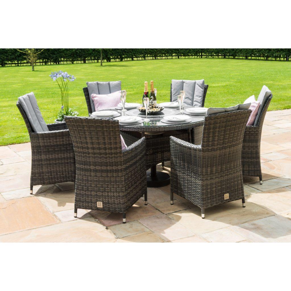 6 Seat Round Garden Dining Set - Inset Ice Bucket - Brolly - Grey