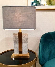 Table Lamp - Brushed Brass & Marble Base - Grey Linen Shade