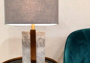 Table Lamp - Brushed Brass & Marble Base - Grey Linen Shade