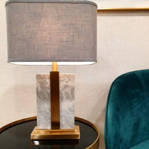 Table Lamp - Brushed Brass & Marble Base - Grey Linen Shade