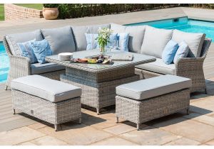 Corner Garden Dining Sofa Set - Square Dining Table - Ice Bucket - Grey Poly Rattan