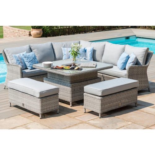 Corner Garden Dining Sofa Set - Square Dining Table - Ice Bucket - Grey Poly Rattan