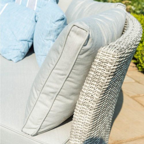 Garden Curved Sofa Set - Rising Table - Grey Cushions - Grey Round Poly Weave