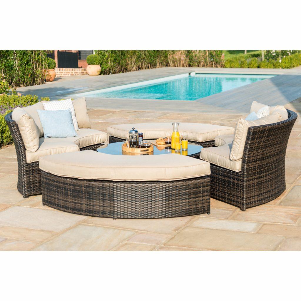 Garden Curved Sofa Set - Rising Table - Taupe Cushions - Brown Weave