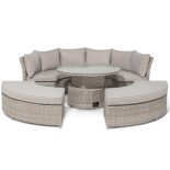 Garden Curved Sofa Set - Rising Table - Grey Cushions - Grey Round Poly Weave