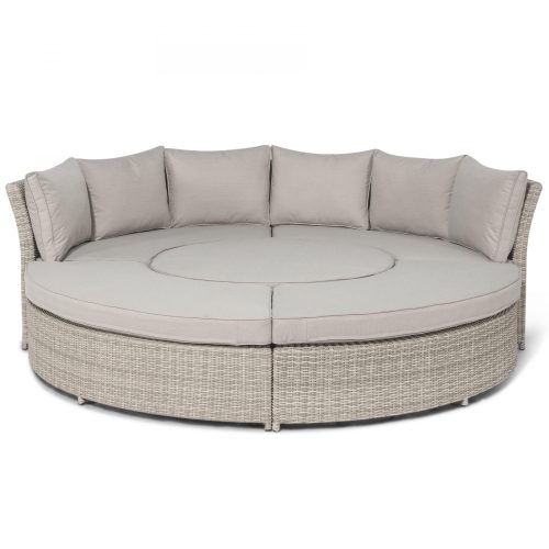 Garden Curved Sofa Set - Rising Table - Grey Cushions - Grey Round Poly Weave